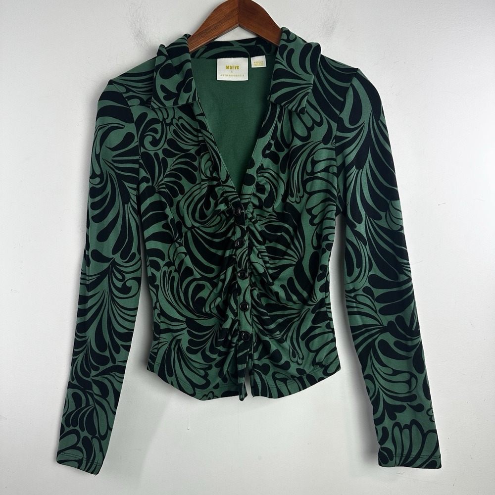 Maeve by Anthropologie Floral Ruched Top Knit Long Sleeve Green Women Size M Y2K